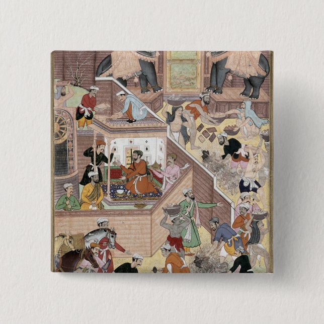 Emperor Akbar (r.1556-1605) inspecting the buildin 2 Inch Square Button (Front)