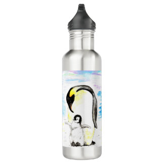 Emperor Penguin and Chick Watercolor Painting 710 Ml Water Bottle