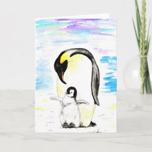 Emperor Penguin and Chick Watercolor Painting Card