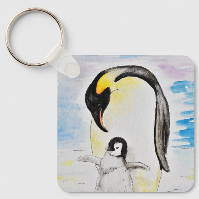 Emperor Penguin and Chick Watercolor Painting Keyc Keychain (Front)