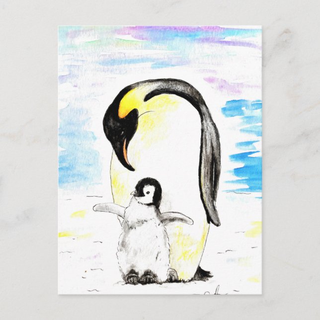 Emperor Penguin and Chick Watercolor Painting Postcard (Front)