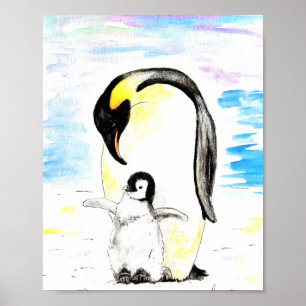 Emperor Penguin and Chick Watercolor Painting Poster