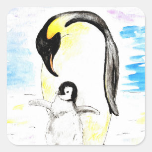 Emperor Penguin and Chick Watercolor Painting Square Sticker