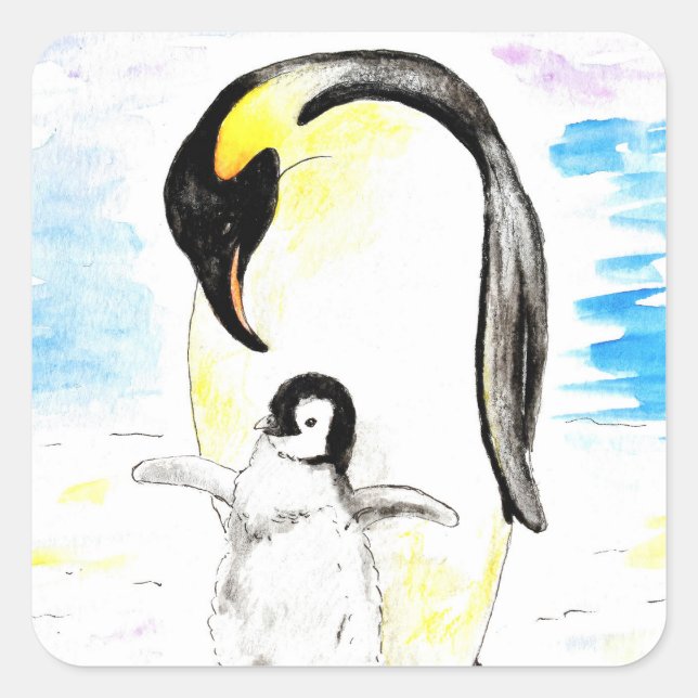 Emperor Penguin and Chick Watercolor Painting Square Sticker (Front)