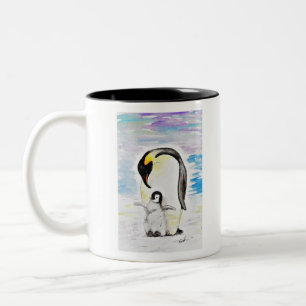 Emperor Penguin and Chick Watercolor Painting Two-Tone Coffee Mug