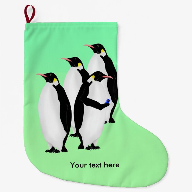Emperor Penguin Using A Mobile Device Phone Large Christmas Stocking (Front)