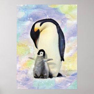Emperor Penguin with Baby Chick Watercolor Art Poster