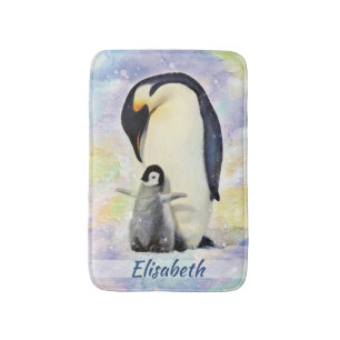 Emperor Penguin with Baby Chick Watercolor Bath Mat