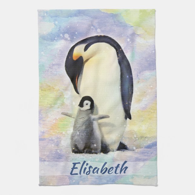 Emperor Penguin with Baby Chick Watercolor Kitchen Towel (Vertical)