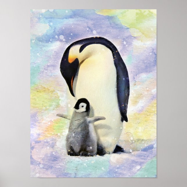 Emperor Penguin with Baby Chick Watercolor Poster (Front)
