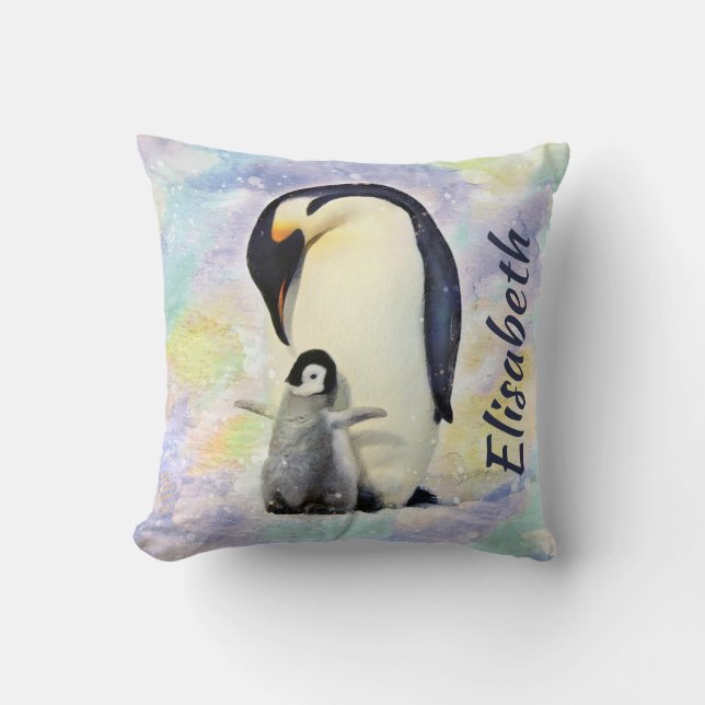 Emperor Penguin with Baby Chick Watercolor Throw Pillow (Front)
