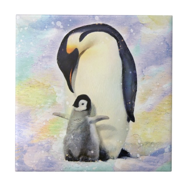 Emperor Penguin with Baby Chick Watercolor Tile (Front)