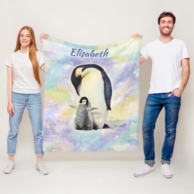 Emperor Penguin with Baby Watercolor Personalized Fleece Blanket (In Situ)