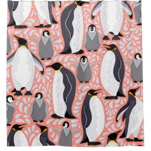 Emperor penguins and their cubs on a pink patterne