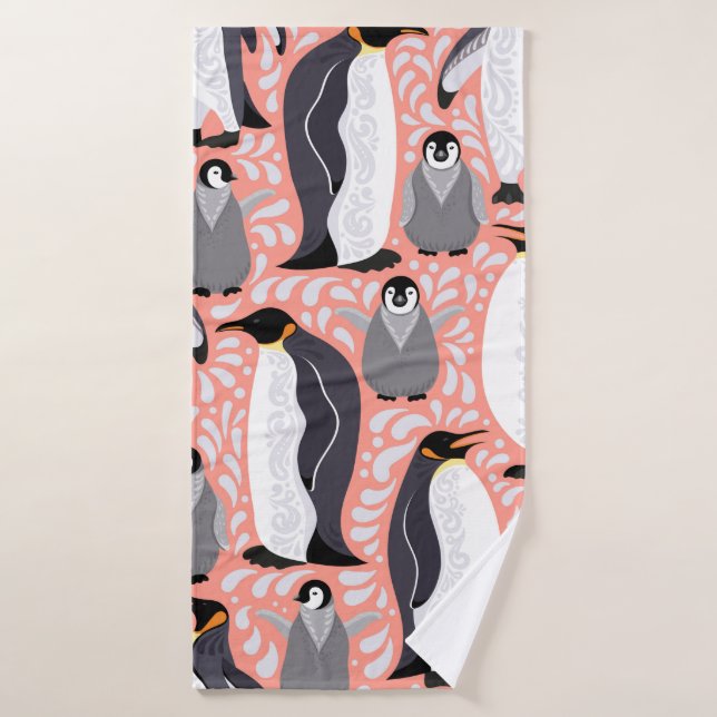 Emperor penguins and their cubs on a pink patterne bath towel (Bath Towel)