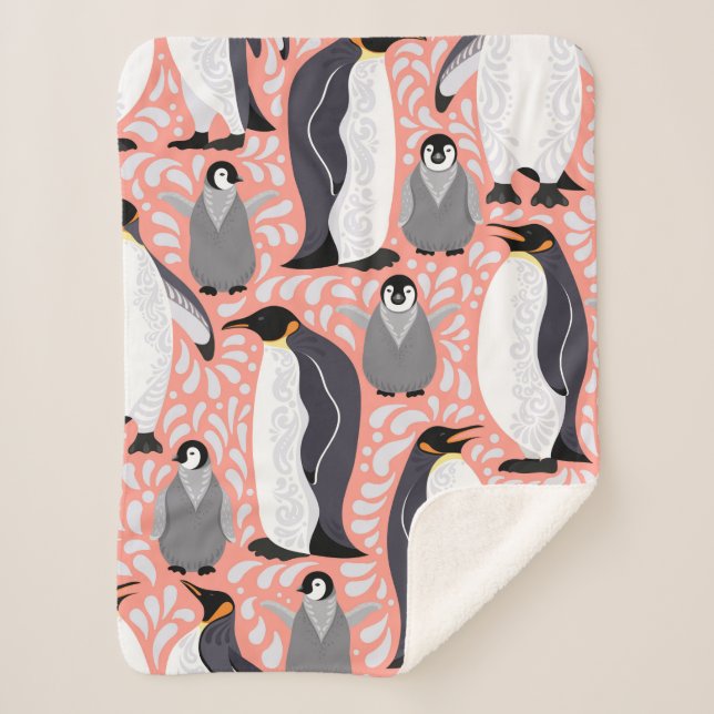 Emperor penguins and their cubs on a pink patterne sherpa blanket (Front)