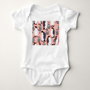 Emperor penguins, cubs, pink decorative pattern. baby bodysuit