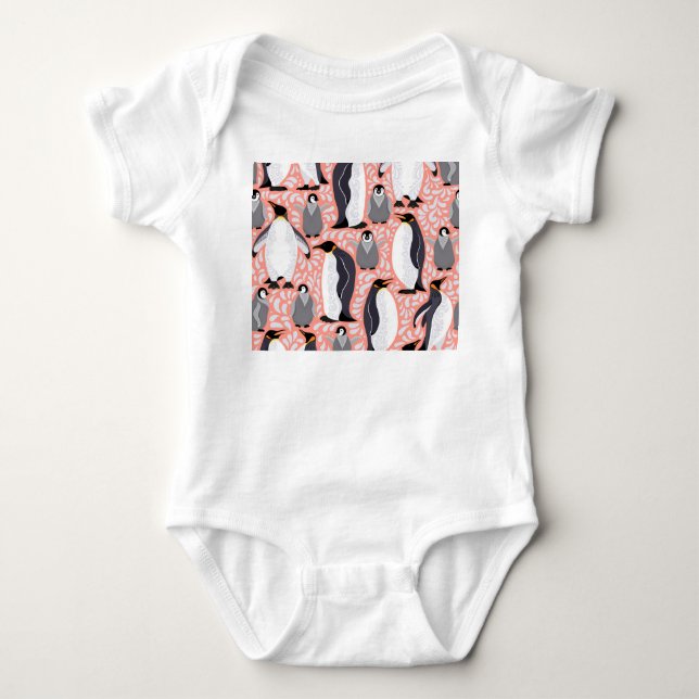 Emperor penguins, cubs, pink decorative pattern. baby bodysuit (Front)