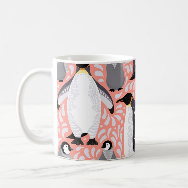 Emperor penguins, cubs, pink decorative pattern. coffee mug (Left)
