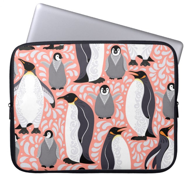 Emperor penguins, cubs, pink decorative pattern. laptop sleeve (Front)