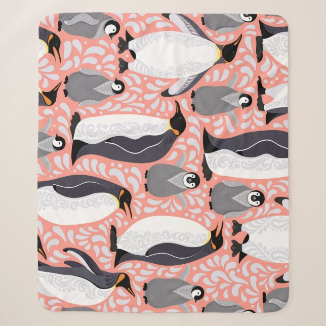 Emperor penguins, cubs, pink decorative pattern. sherpa blanket (Front)