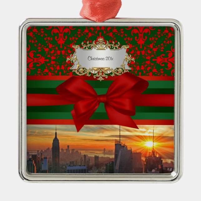 Empire St Bldg Sunset NYC Red Green Damask Xmas #2 Metal Ornament (Front)