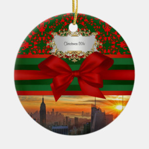 Empire St Bldg Sunset NYC Red Grn Damask Xmas #2R Ceramic Ornament