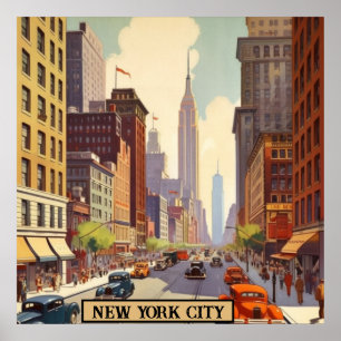 Empire State Building Manhattan Street Scene Retro Poster