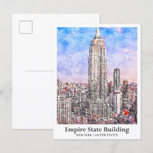 Empire State Building New York Watercolor Sketch Postcard