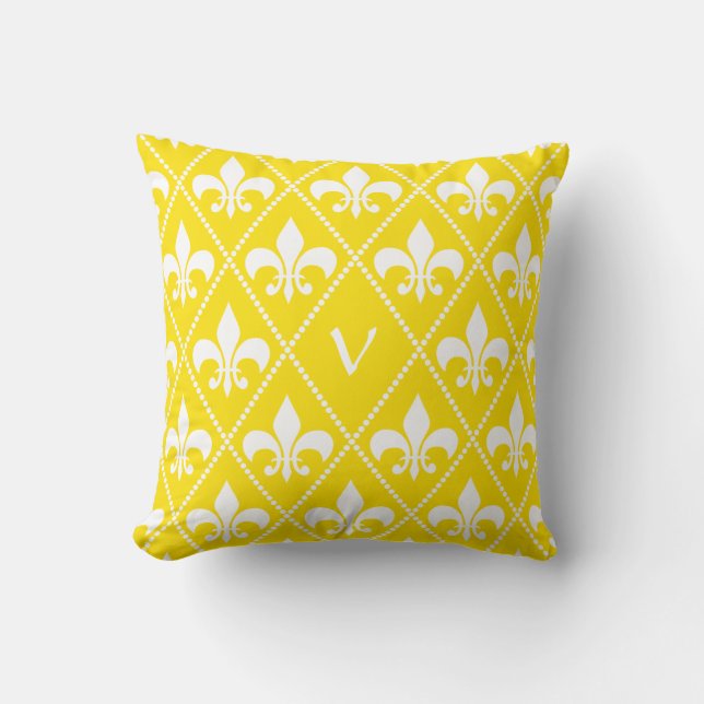 Empire Yellow Fleur de Lis with monogram initial Throw Pillow (Front)