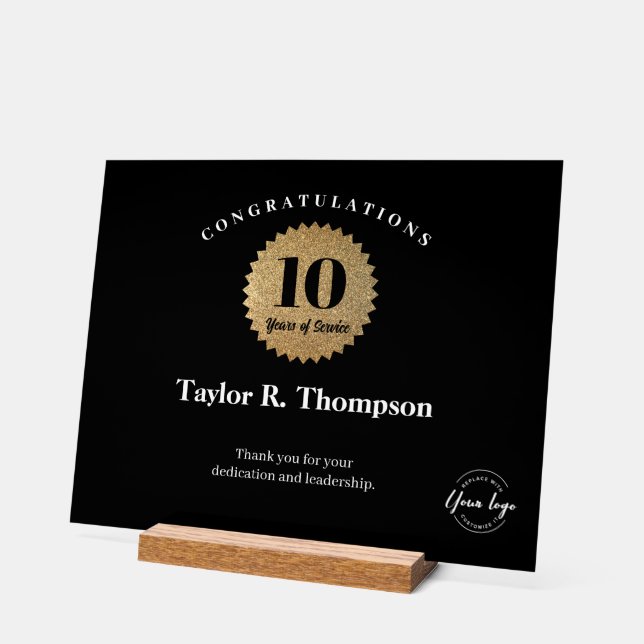 Employee 10 years of service gold seal custom logo acrylic sign (Angle)