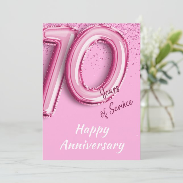 Employee Anniversary 10 Years Pink Balloon Card (Standing Front)