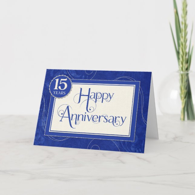 Employee Anniversary 15 Years - Text Swirls Blue Card (Front)