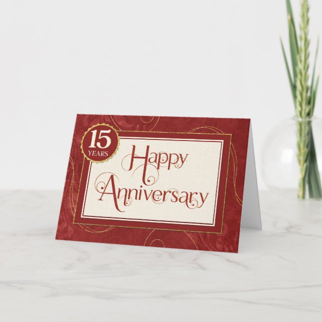 Employee Anniversary 15 Years - Text Swirls Damask Card (Front)