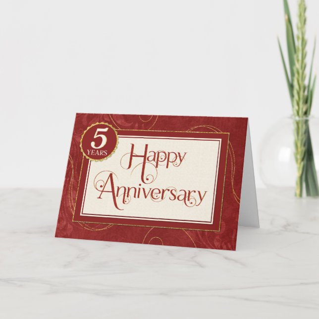Employee Anniversary 5 Years - Text Swirls Damask Card (Front)