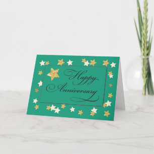 Employee Anniversary Green Gold Effect Stars Card