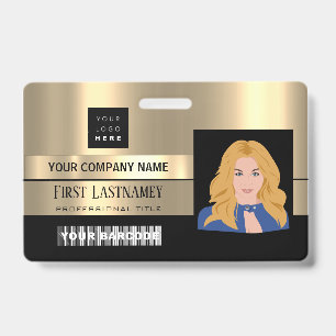 Employee Barcode Logo Name Scanner Black Gold Lux Badge