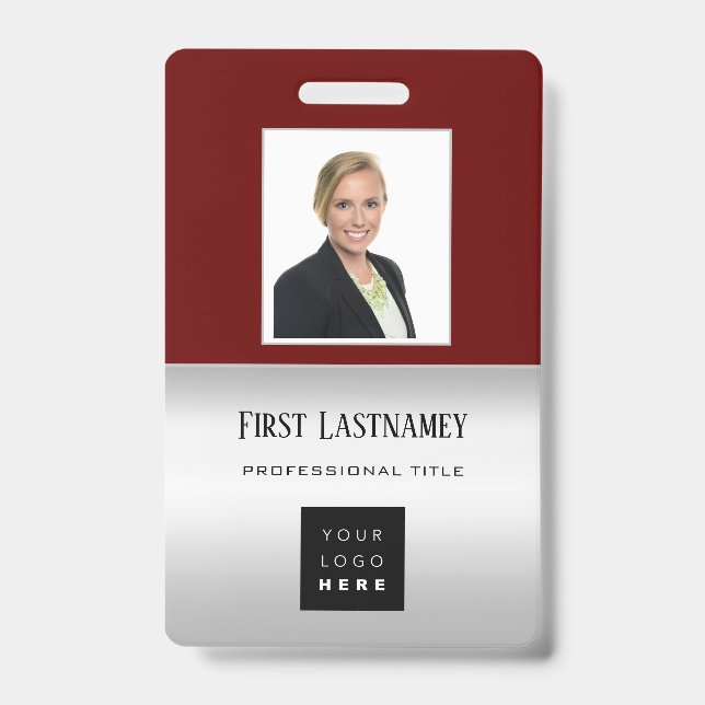 Employee Barcode Logo Name Scanner Grey Maroon Badge (Front)