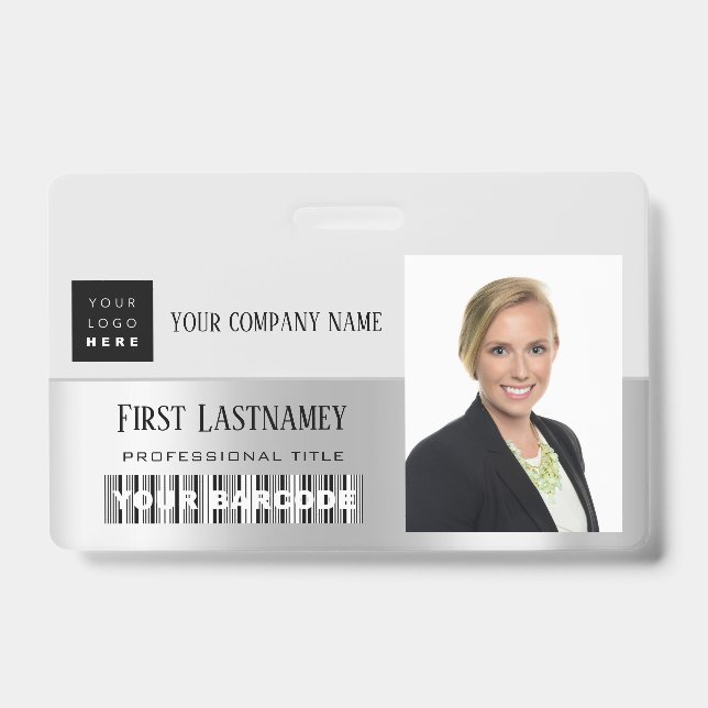 Employee Barcode Logo Name Scanner Grey Silver Badge (Front)