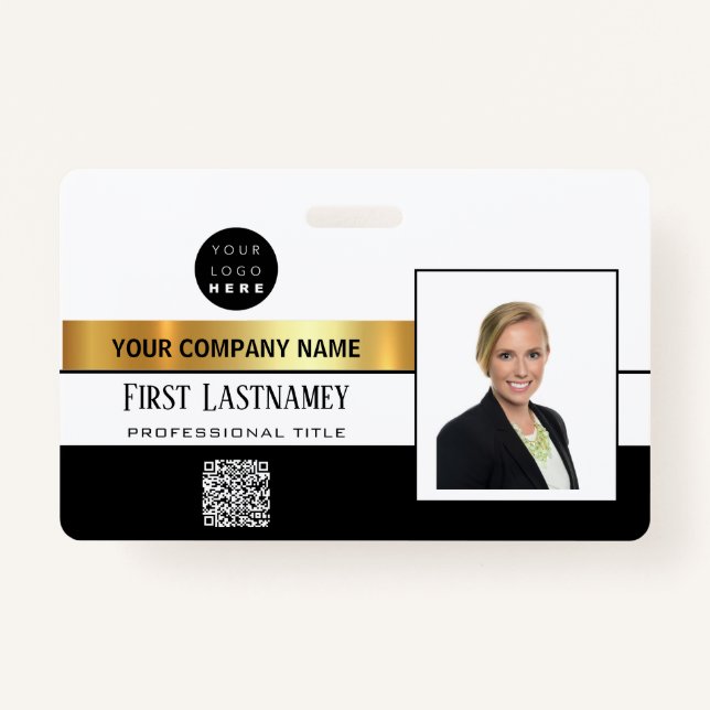 Employee Barcode Logo Name Scanner Stripe Gold Badge (Front)