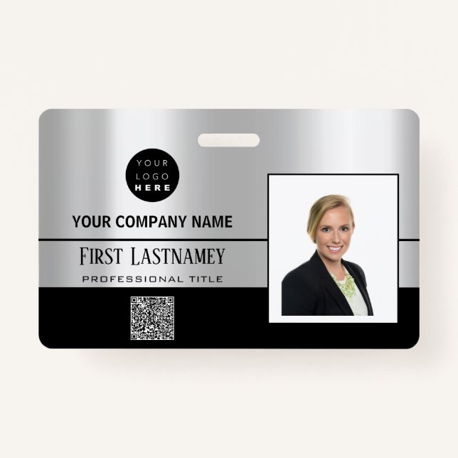 Employee Barcode Logo Name Scanner Stripe Grey Badge (Front)