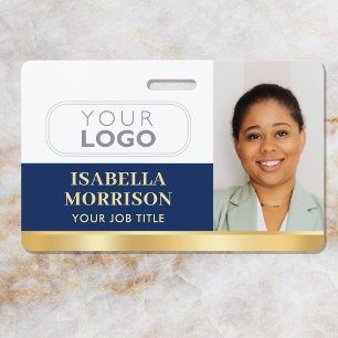 Employee Business Custom ID Logo QR Navy Gold Badge