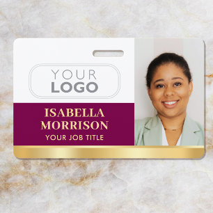 Employee Business Custom ID Logo QR Plum Gold Badge