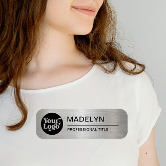 Employee Business Logo Metallic Silver Magnetic Name Tag