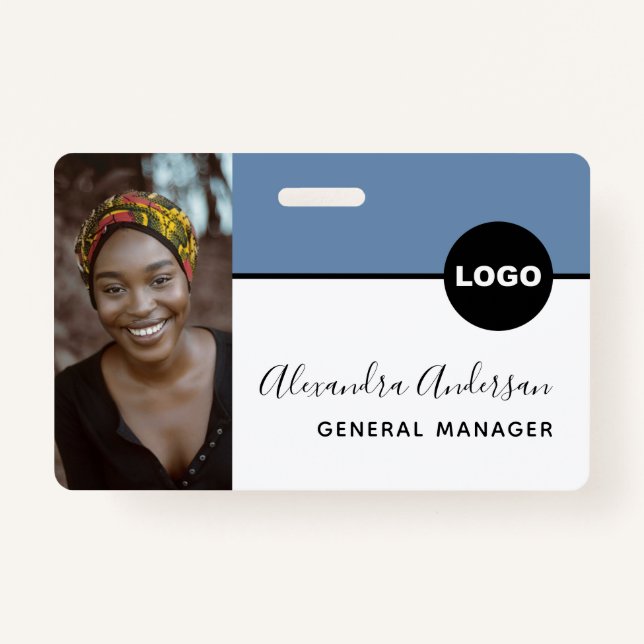 Employee Company ID Photo Logo QR Code Denim Blue Badge (Front)