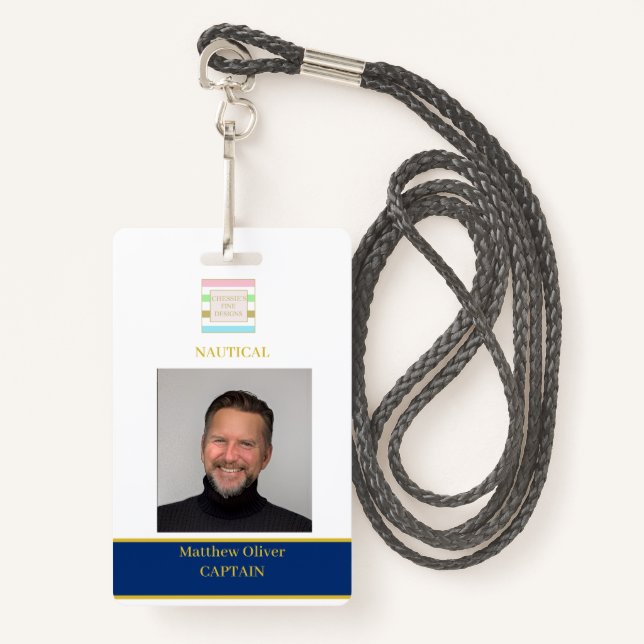 Employee Custom White Navy Photo Logo  Badge (Front with Lanyard)