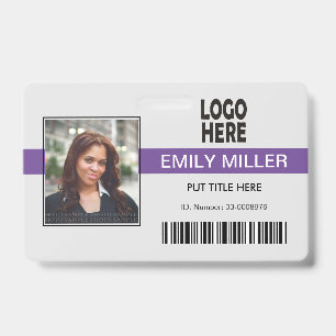 Employee ID logo barcode purple photo template Badge