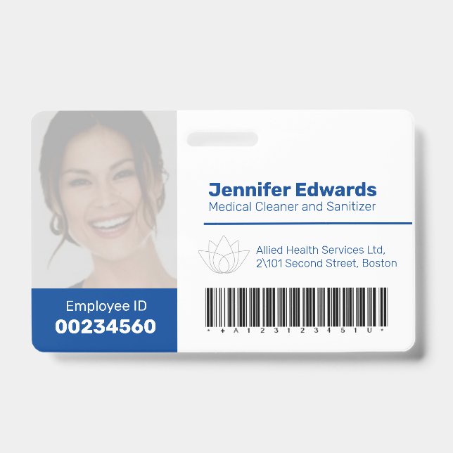 Employee large photo ID and barcode dark blue Badge (Front)