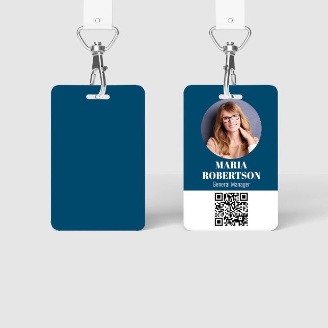 Employee Name Badge Minimalist Photo QR Code Blue (Employee name badge with a scannable QR code template. )