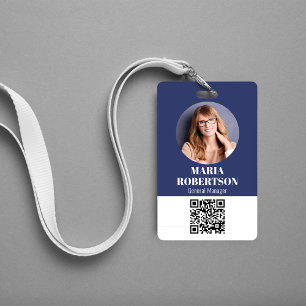 Employee Name Badge Minimalist Photo QR Code Blue